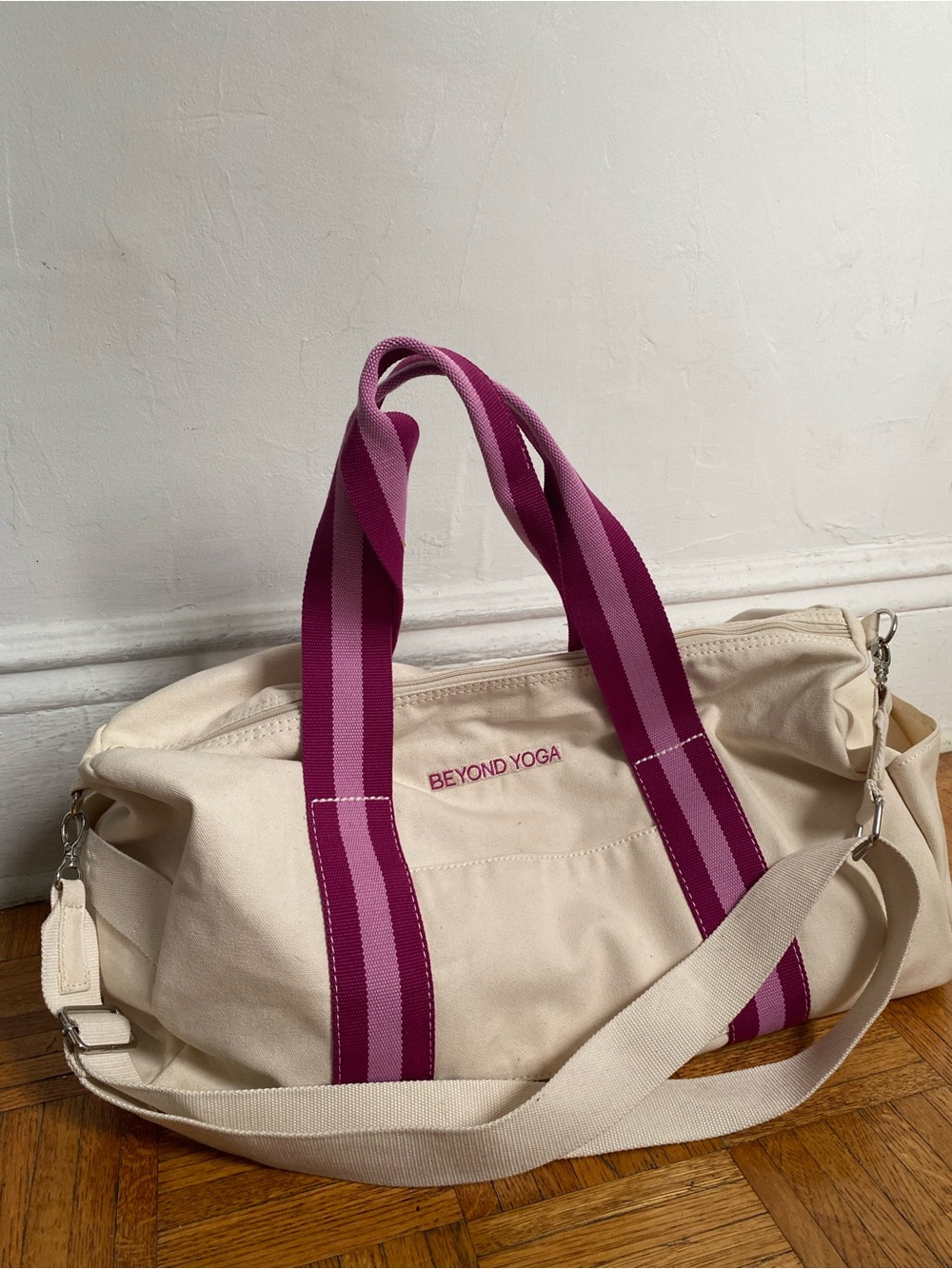 Never-Used Beyond Yoga x Land's End Cream Canvas Duffel with Pink Stripe Handles